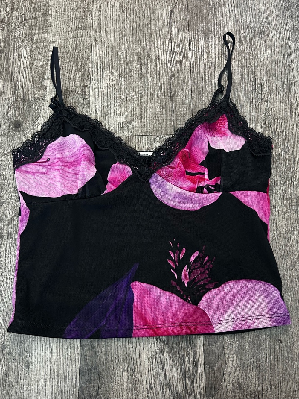 Black & Pink Floral Lace-Trim Cami Top